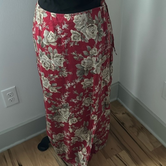 Jones New York 100% Linen red tan floral print wrap midi skirt Sz 4 - Picture 1 of 5
